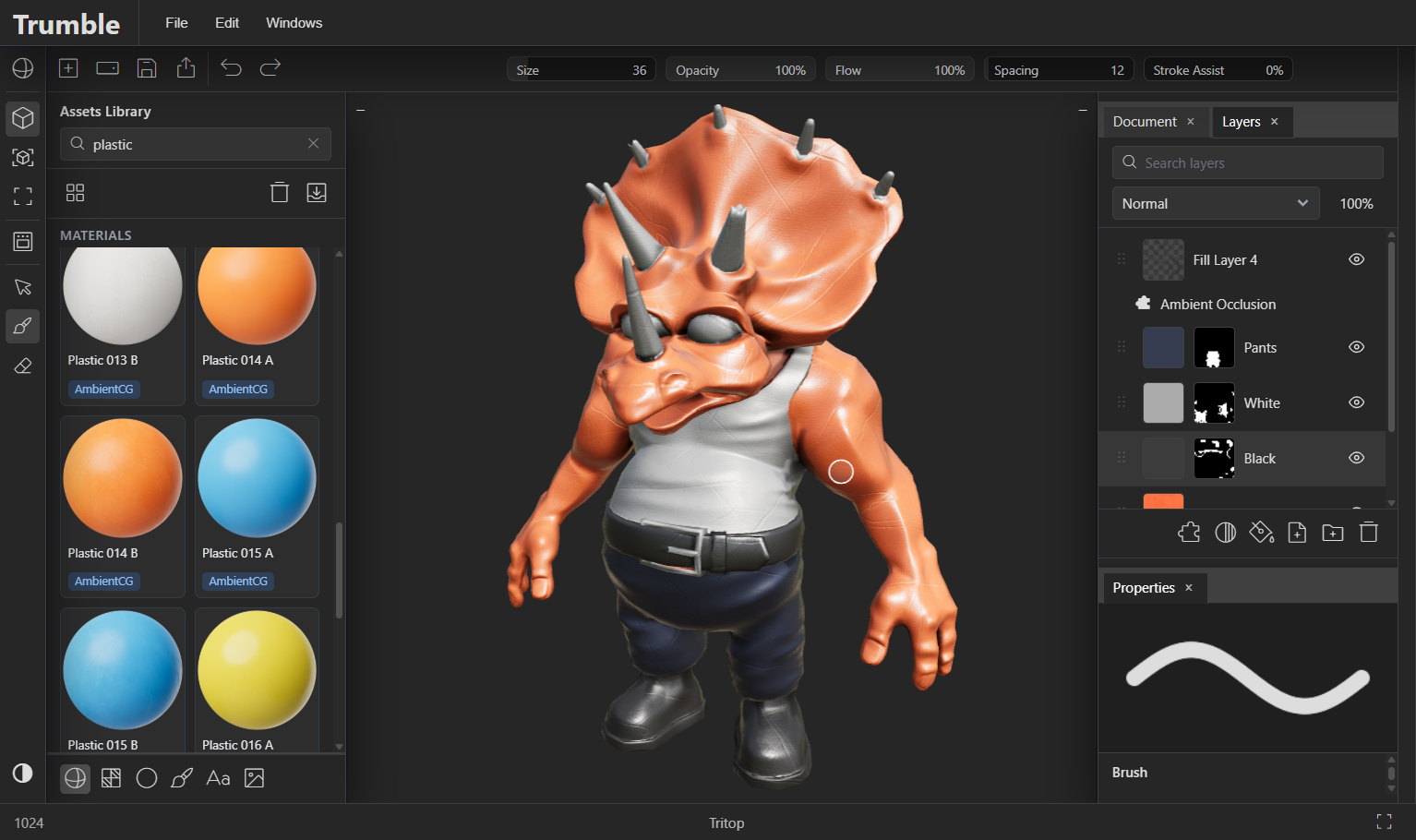 Trumble texture tool: 3D viewport with a painted character, materials library, layers, and brush settings.
